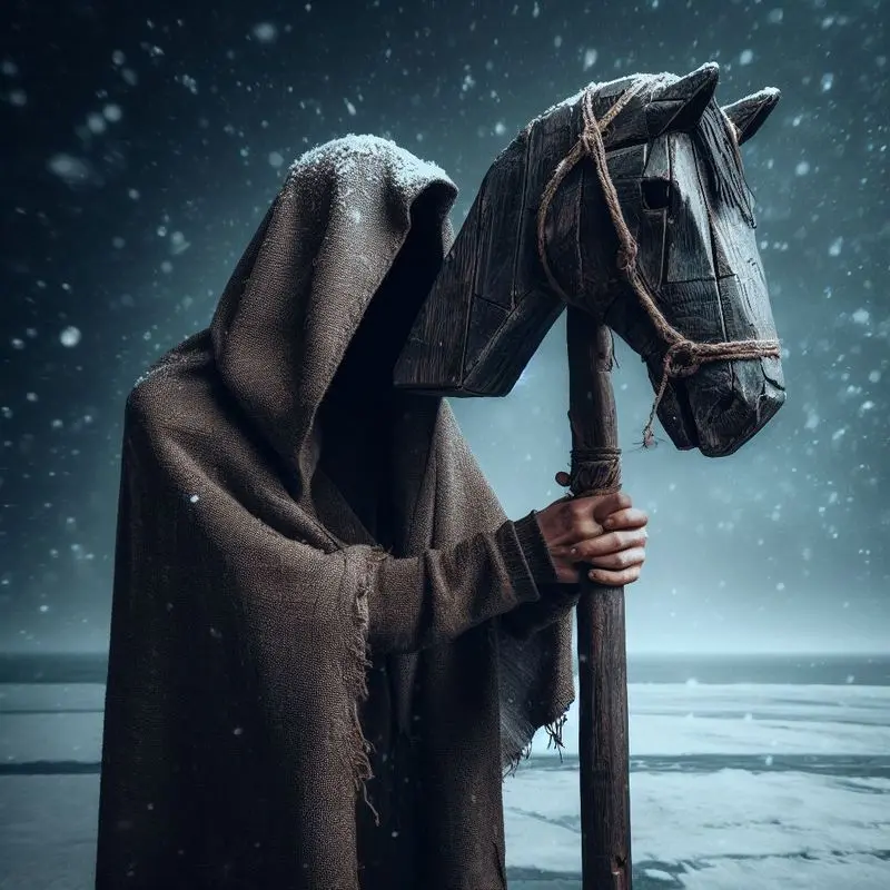 Hooded human holding horse's head on a pole